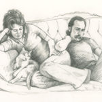 This drawing is based on a contact sheet image taken by the artist/photographer, Harry Roseman, who has been a long-time friend. I met his artist wife (to-be), Catherine Murphy, at Skowhegan School of painting & Sculpture – the first art colony I ever went to between my sophomore and Junior year in art school. This image is part of Harry’s “Visitors” series, probably from the early ‘80s. The cat is theirs,  and Cathy made a painting of herself with the cat: Self-portrait with Pansy.”