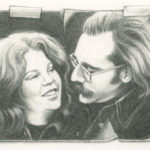 This was drawn from a tiny, 2×3” black and white photo. I love the romance of this drawing, the way we look at each other, our 70’s hair! 
