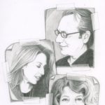 I made this in the style of my usual drawings, with trompe l’oeil tape and shadows, putting together the 3 images of us each as a kind of scrapbook page.